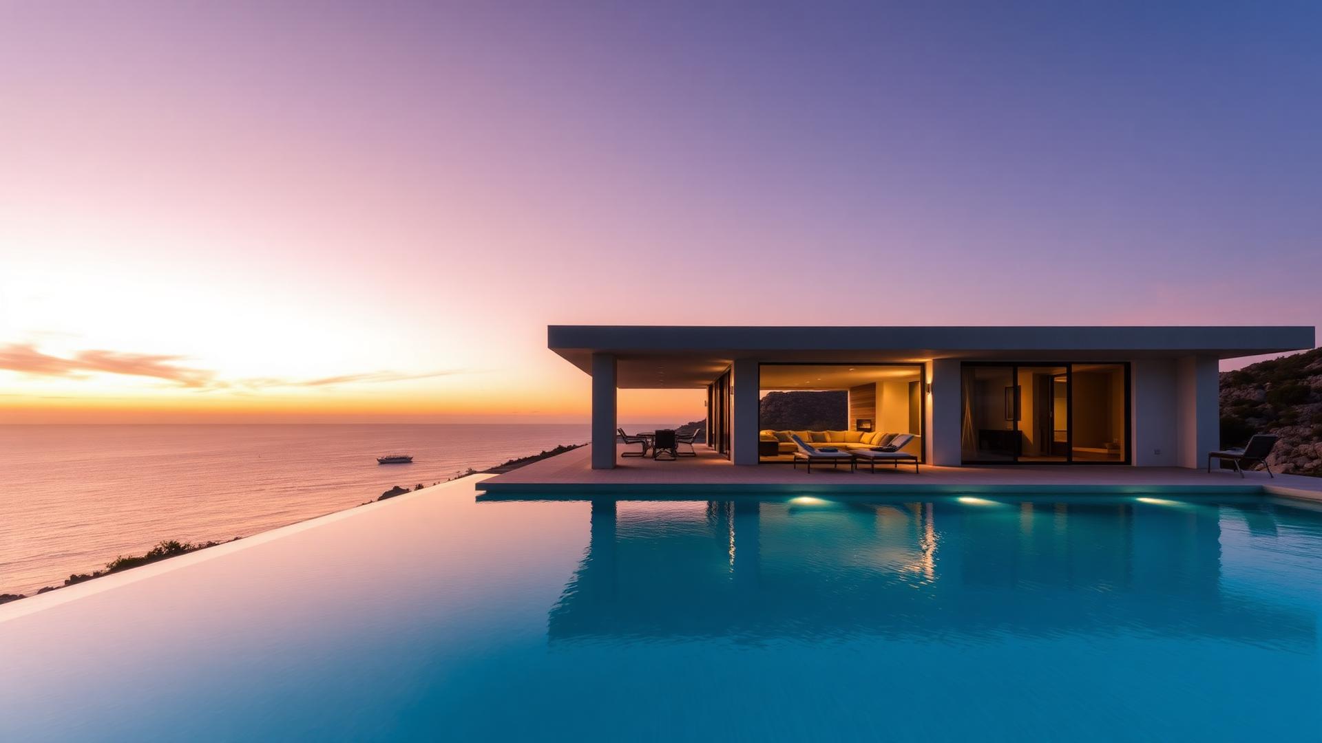 Terrace of a vacation rental at dusk overlooking the sea